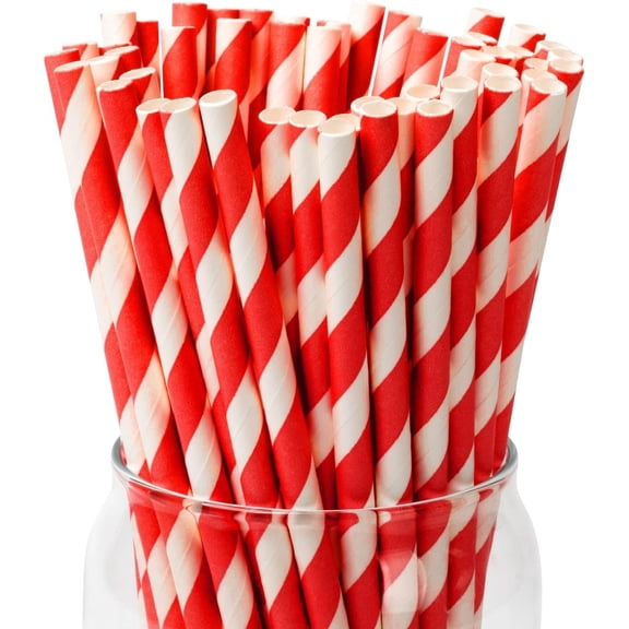 [100 Pack]Red Straws, Disposable Red and White Straws Biodegradable Red Paper Striped Straws for Cocktail, Milkshake, Coffee, Lemonade (0.24" x 7.75", Red)