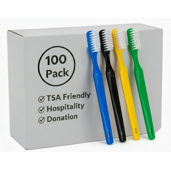 100 Pack Regular Soft Bristle Toothbrushes in Assorted Colors - Hospitality, Hotel, Homeless Shelter, Donation, Charity Drive, Disaster Relief Supplies - 100 Brushes