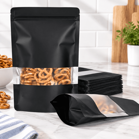 100 Pack Resealable Bags with Matte Window (Black, 5.5" x 7.8")