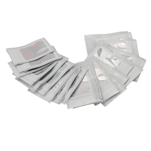 100 Pack Resealable Holographic Packaging Bags, Smell Proof Zipper Poly Pouches with Clear Window for Jewelry, Lip Gloss, Fishing Lure Accessories, 3 x 4.7 Inches / 7.5 x 12 cm, White