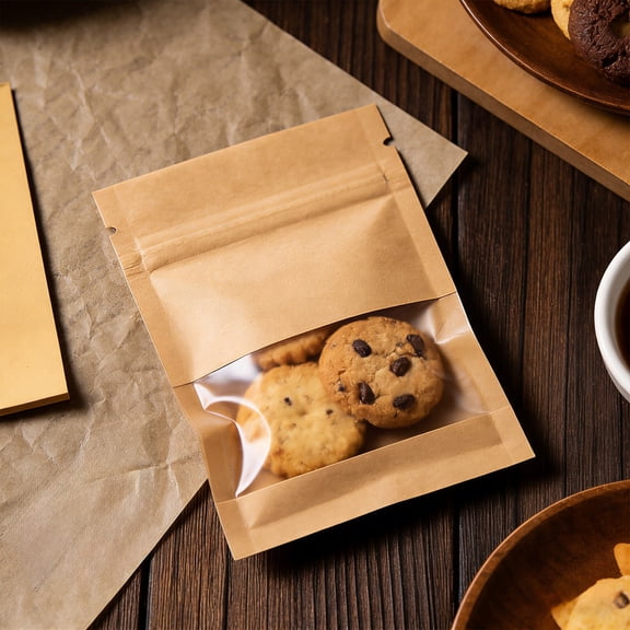 100 Pack Resealable Mini Kraft Paper Envelopes with Window for Food Storage, Coffee Samples, Crafts, and Small Items Yellow