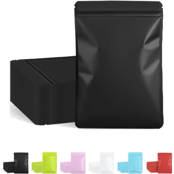 100 Pack Resealable Packaging Bags for Small Business, Double-Sided Color Smell Proof Food Storage Flat Bags, Black, 2.7" x 3.8