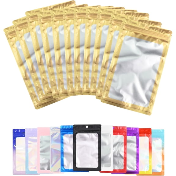 100 Pack Resealable Plastic Bags for Food Storage, Zipper Bags with Clear Front Window, Packaging Pouch for Small Business (Gold, 6.3x9.5 inch)