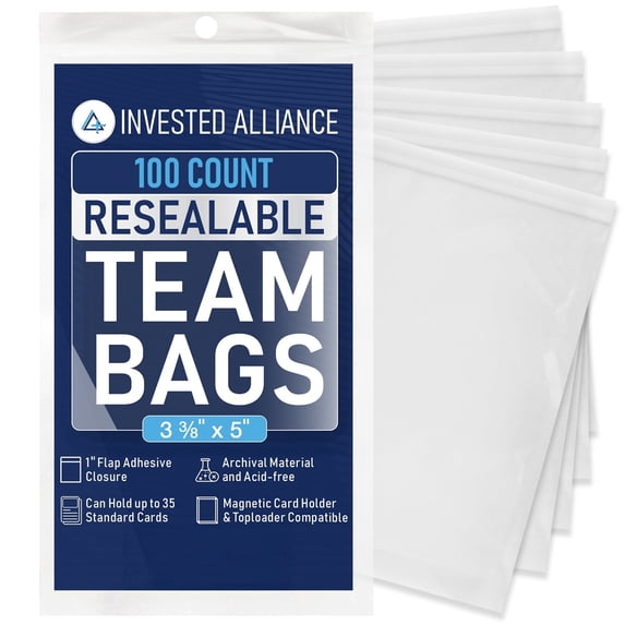 100 Pack Resealable Set Team Bags for Trading Cards