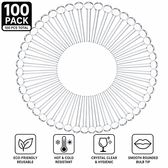 100-Pack Reusable Clear Glass Drinking Straws with Rounded Bulb Tips, Shatter-Resistant Borosilicate Glass Boba & Smoothie Straws for Juice & Cocktails