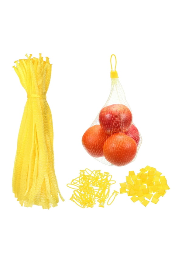 100 Pack Reusable Mesh Produce Bags, 35cm/14 Inch Washable Net Storage Bags Reusable Storage Bags with Plastic Buckle for Fresh Fruit Vegetables Seafood, Yellow