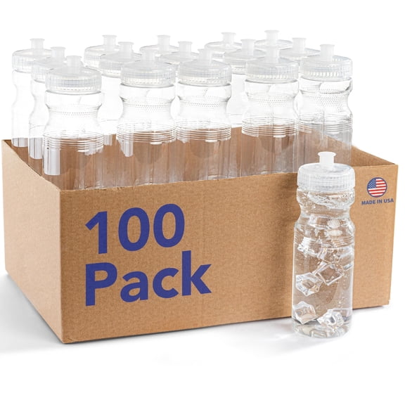 100 Pack Reusable Squeeze Water Bottles for Kids and Sports Teams, Leak Resistant Caps, Dishwasher Safe Bulk Set, Clearw