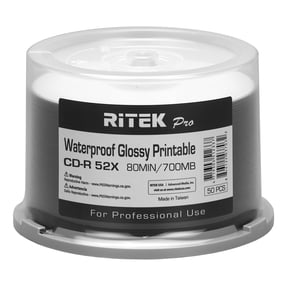 100 Pack Ritek Pro CD-R 52X 700MB 80Min Professional Grade Watershield Water Resistant Glossy White Inkjet Hub Printable Blank Recordable Disc