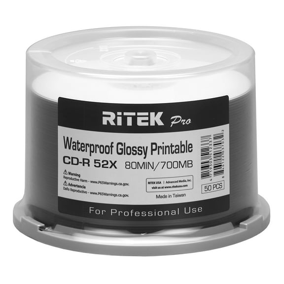 100 Pack Ritek Pro CD-R 52X 700MB 80Min Professional Grade Watershield Water Resistant Glossy White Inkjet Hub Printable Blank Recordable Disc
