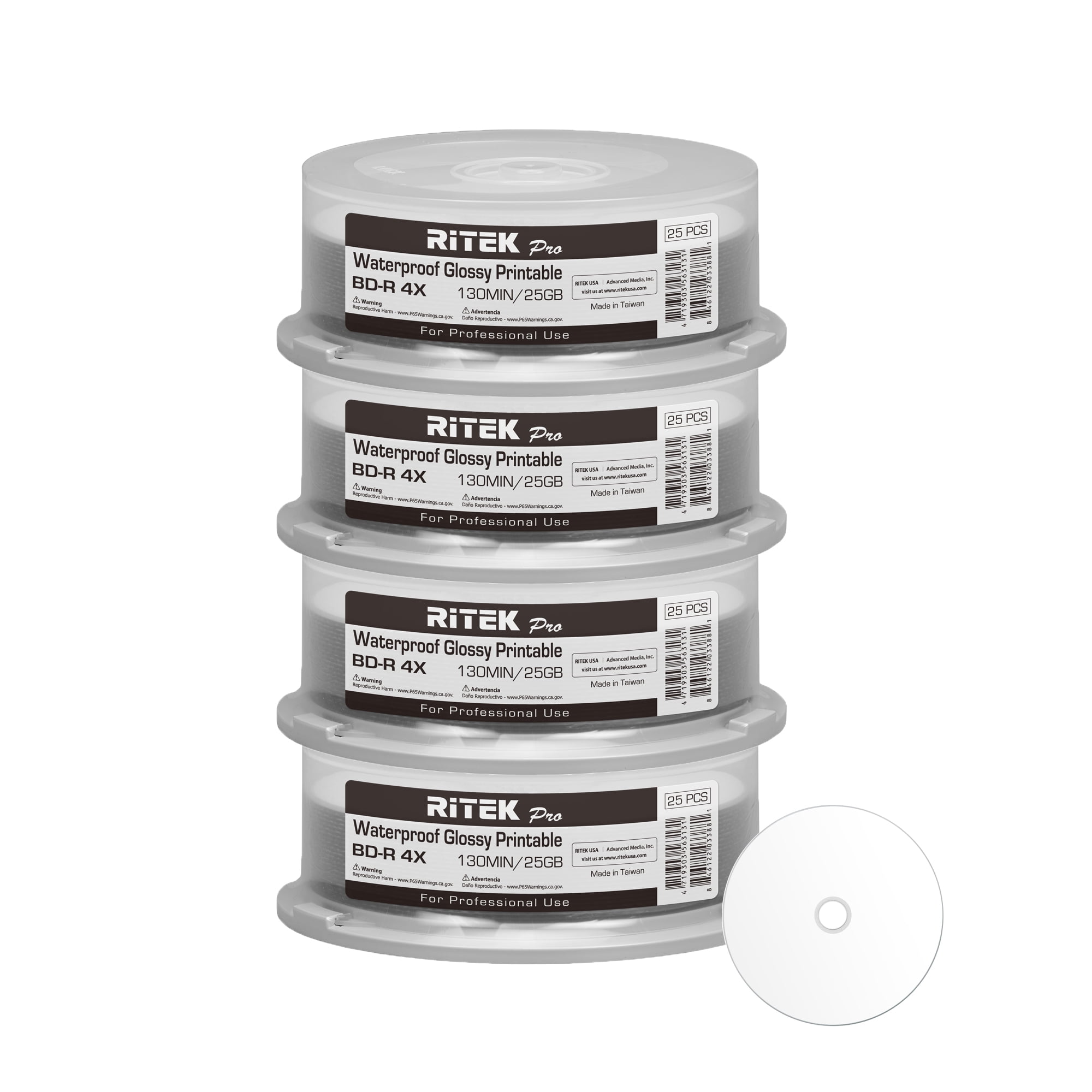 100 Pack Ritek Pro (Professional Grade) BD-R Blu-ray 4X 25GB Watershield Water Resistant Glossy White Inkjet Hub Printable Blank Recordable Disc