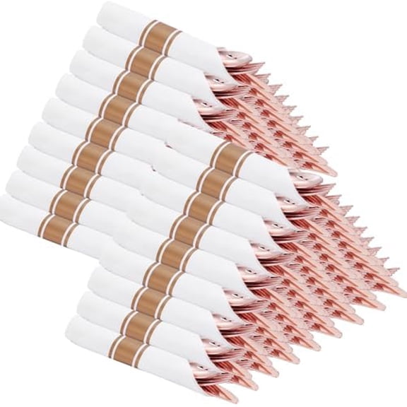 100 Pack Rose Gold Plastic Silverware, Wrapped Silverware Set Disposable, Wrapped Plastic Cutlery Set with Napkin, Rose Gold Disposable Cutlery Set for Wedding, Party, Birthday