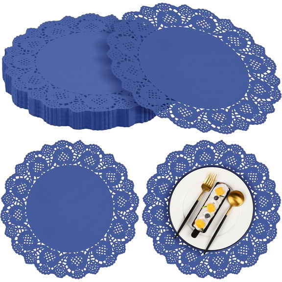 100 Pack Round Blue Paper Doilies 13.5 Inches Lace Scalloped Edged Disposable Paper Placemats Rustic Party Table Decor for Cakes Crafts Weddings Food