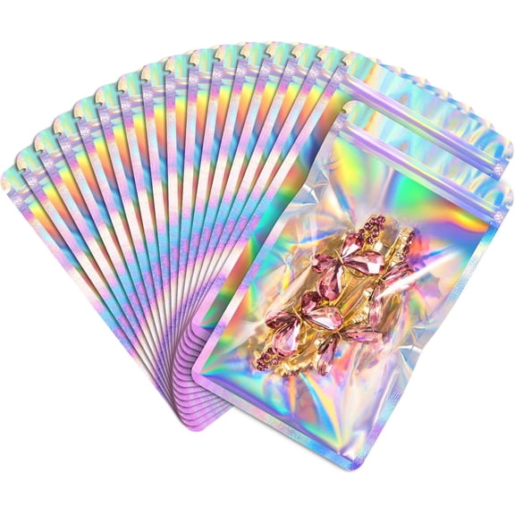100 Pack,Round Corner Clear Window Smell Proof Holographic Bags