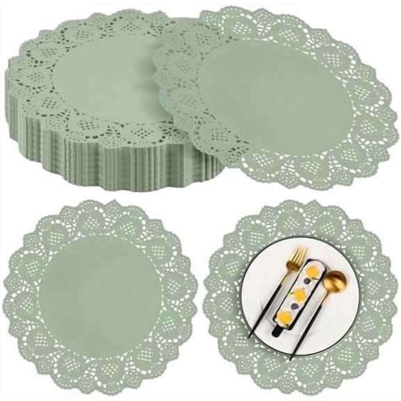 100 Pack Round Sage Green Paper Doilies 13.5 Inches Lace Paper Place Mats Rustic Scallop Doily Disposable Table Pads for Food Cakes Crafts Party Weddings Tableware Decor