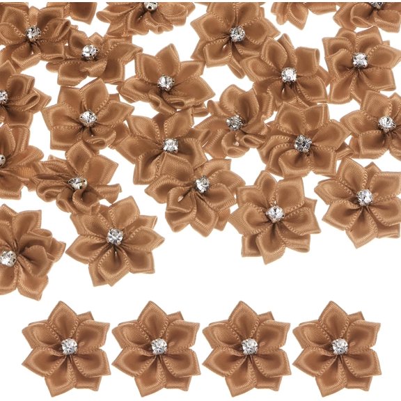 100-Pack Satin Ribbon Flowers, 1.2 Inch Mini Fabric Flowers with Rhinestones Flower Appliques for Crafts DIY/Wedding/Ornament/Party/Home [Coffee]