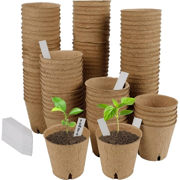 100 Pack Seed Starter Tray Kit, Biodegradable Peat Pots for Seedling with 100 Plant Labels, Plant Garden Germination Tray for Flower Vegetables Succulents (3" x 3")