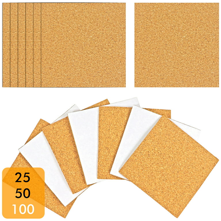 100 Pack Self-Adhesive Cork Squares 4 x 4 Inches Cork Backing