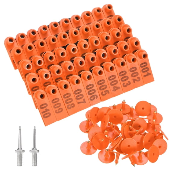 100-Pack Sheep Ear Tags 001-100 Number with 2 Ear Label Needles, Plastic Livestock Ear Tags for Cows/Sheep/Cattle/Pig [Orange]