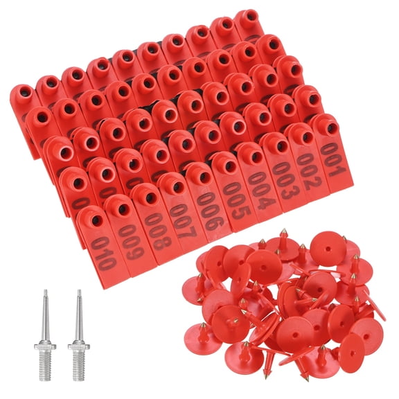 100-Pack Sheep Ear Tags 001-100 Number with 2 Ear Label Needles, Plastic Livestock Ear Tags for Cows/Sheep/Cattle/Pig [Red]