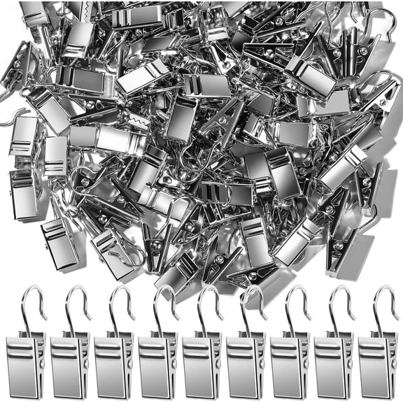 100 Pack Silver Curtain Clips Hooks, Stainless Iron Drapery Hooks Clips, Multi-Purpose Hangers for String Lights Christmas Decor, Curtain, Craft Display, Gutter Tent Awning