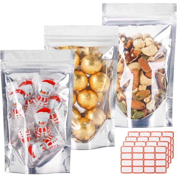 100 Pack Silver Mylar Bags with Window, 3x6 in Stand Up Pouches | Food Storage, Resealable Closure, Small Business Packaging Supplies, Party Favor, Labels Included