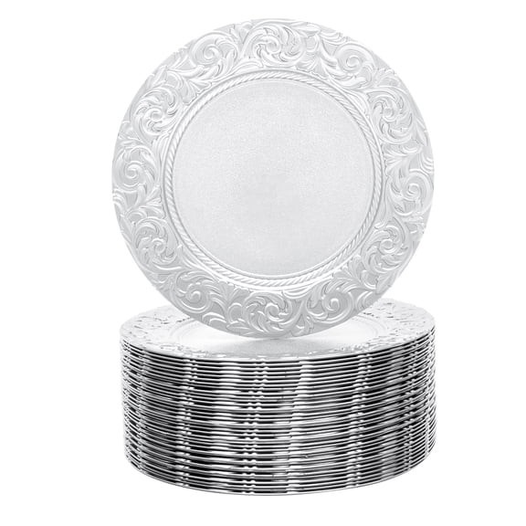 100 Pack Silver Round Charger Plates, 13 Inch Antique Charger Plate Set  Plastic Embossed Dinnerfor Wedding, Banquet, Hotel & Party Table Decor