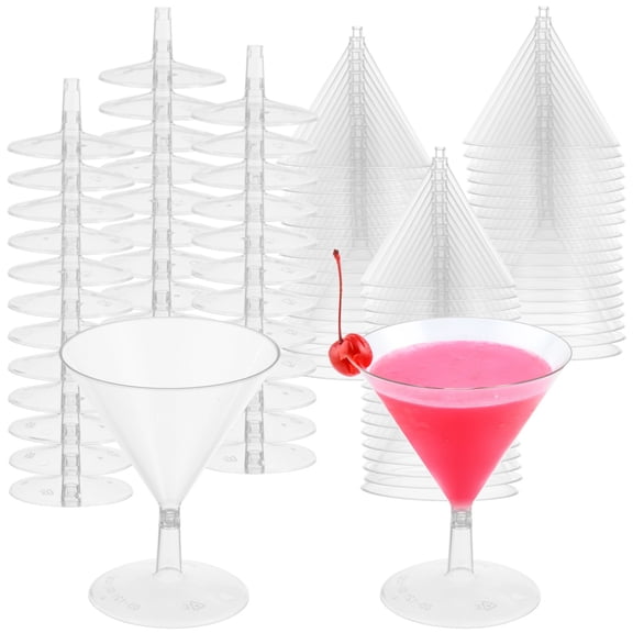 100 Pack Small Clear Plastic Martini Cups, 2oz Disposable Cocktail Drinkware, Mini Dessert Shooters, Single Serve Champagne Flutes, Simple Assembly Clear Drinkware for Outdoor Events, Galas