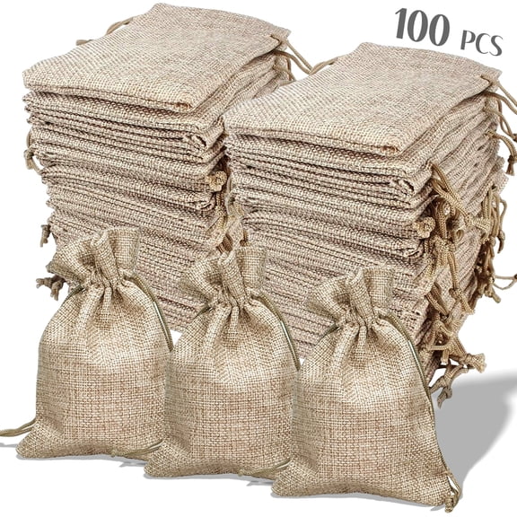 100-Pack Burlap Drawstring Bags - Small Reusable Linen Gift Pouches for Wedding Favors, Party Supplies & Home Storage