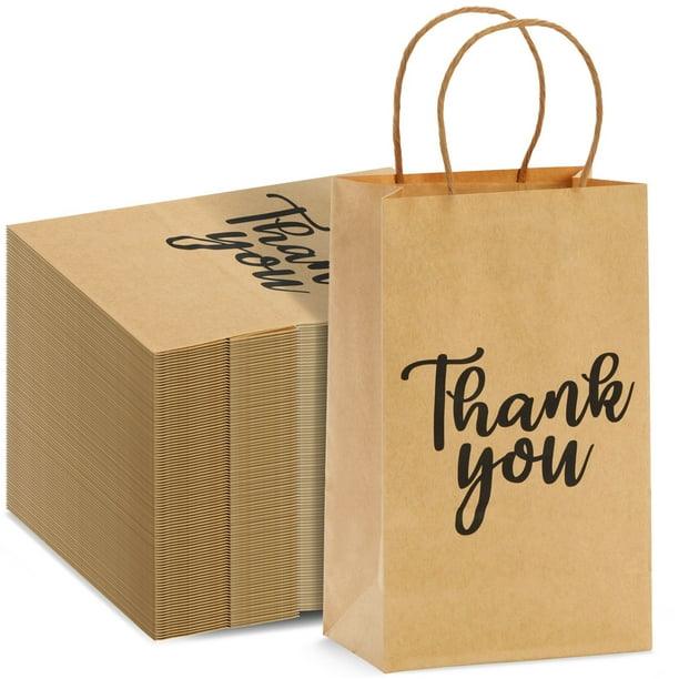 100-Pack Small Thank You Gift Bags with Handles, Brown Kraft Paper Bulk ...