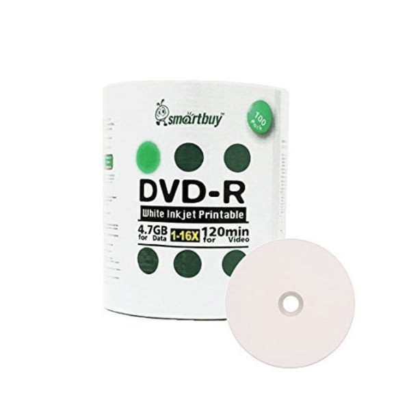 100 Pack Smartbuy 16X DVD-R 4.7GB 120Min White Inkjet Hub Printable Data Blank Media Recordable Disc
