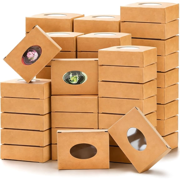 100 Pack Soap Boxes for Handmade Soap, Paper Treat Boxes with Clear Window, Kraft Soap Making Supplies Packaging for Bakery, Candy, Jewelry, Party Treats