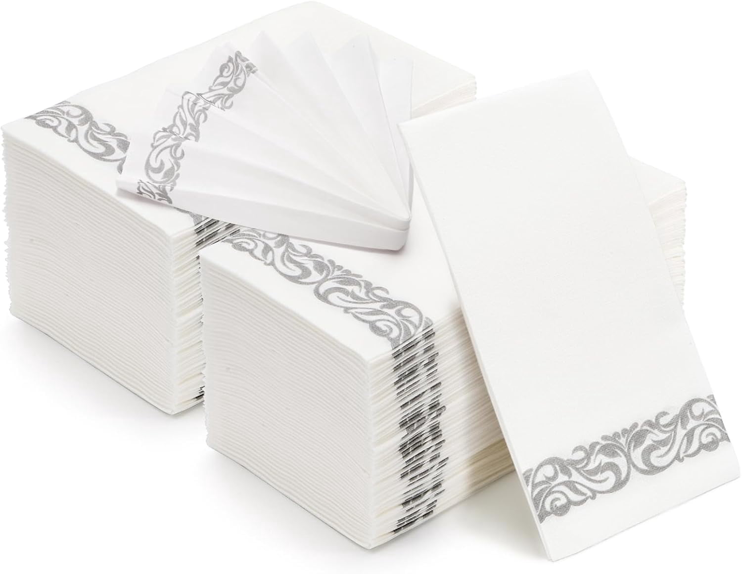 100-Pack Soft Texture Paper Hand Towels Disposable Decorative Paper Hand Napkins - Silver Floral Paper Guest Towels