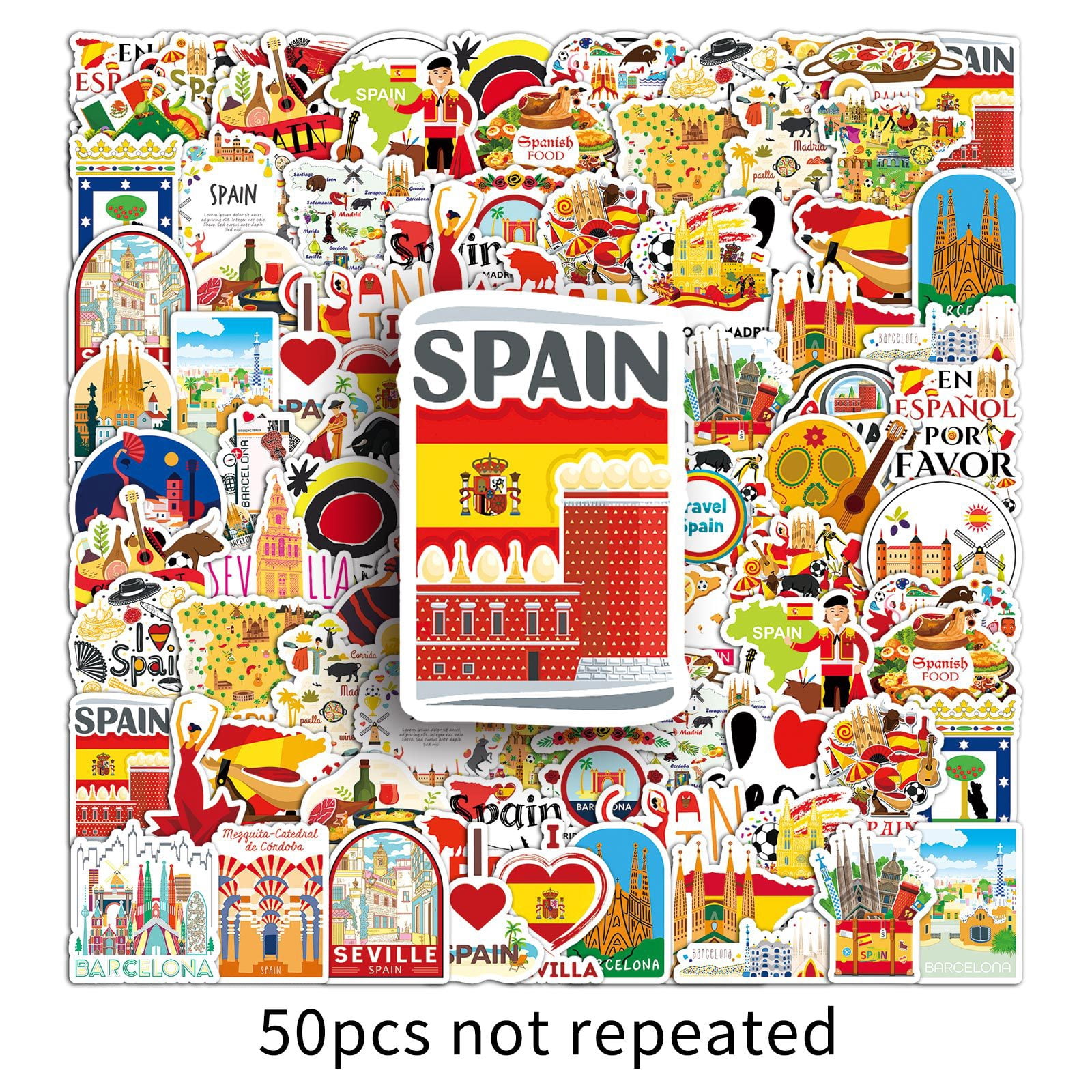 Spain Stickers Printable 100-Pack Spain Travel Stickers, Spanish Doodle Waterproof Vinyl Decals ...