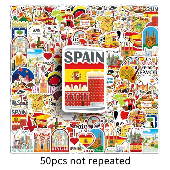 100-Pack Spain Travel Stickers, Spanish Doodle Waterproof Vinyl Decals for Luggage, Laptop, Water Bottle, Phone Case, Journal & Skateboard