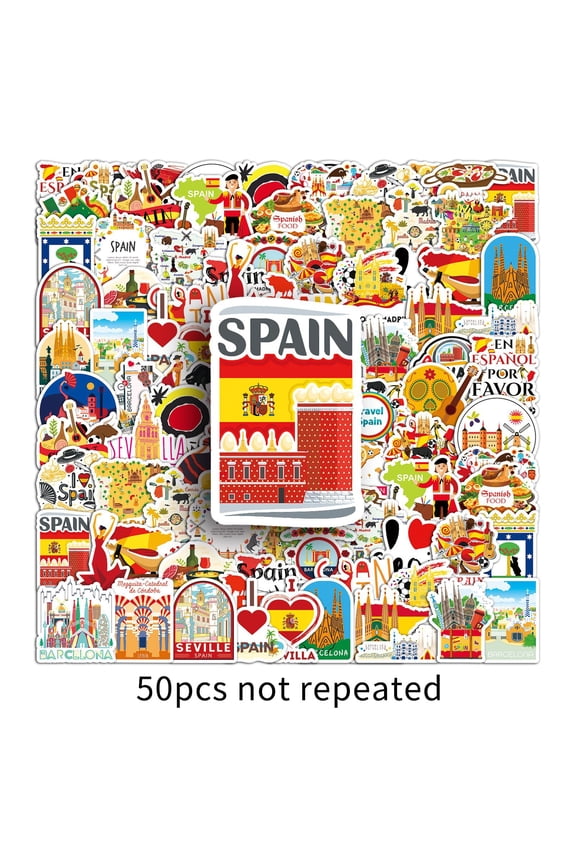 100-Pack Spain Travel Stickers, Spanish Doodle Waterproof Vinyl Decals for Luggage, Laptop, Water Bottle, Phone Case, Journal & Skateboard