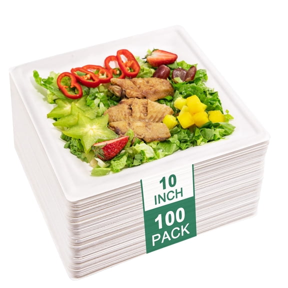 100-Pack Square Compostable Paper Plates – Heavy Duty Biodegradable Bagasse Plates, Microwaveable Eco-Friendly Natural Disposable Plates Made of Sugarcane Fiber for Party, Picnic
