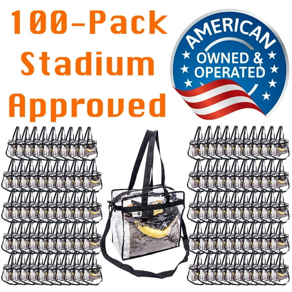 100-Pack Stadium Approved Vinyl Clear Bag 12x12x6" Transparent Tote Handbag with Double Zipper, Adjustable Removable Shoulder Strap for Concerts, Sporting Events, Music Festivals, Work, School, Gym