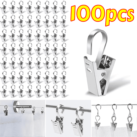 100 Pack Stainless Steel Curtain Clips with Hooks, Heavy Duty Hanging Clips for String Lights, Party Decor, Tents, and Crafts Display