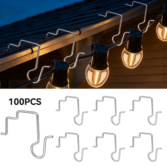 100 Pack Stainless Steel Gutter Clips for Outdoor String Lights, Weatherproof Light Hooks for Holiday Seasonal Decor