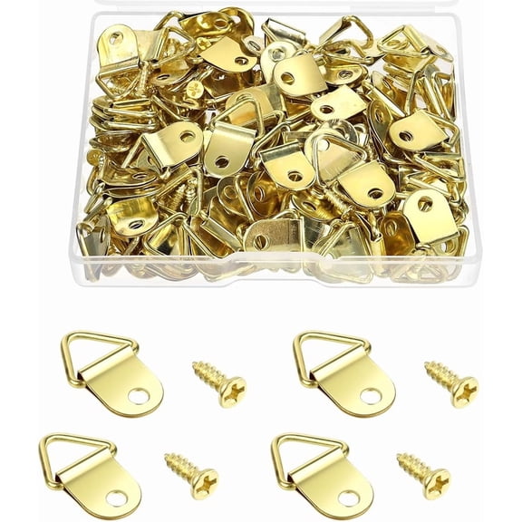 100 Pack Steel Picture Hangers with 100pcs 8mm Screws, Small Triangle Ring, Light Duty D Rings for Clock, Decoration, Mirror, Paintings, Artwork Picture Frame (Gold)