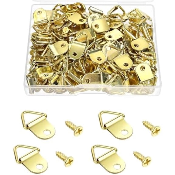 100 Pack Steel Picture Hangers with 100pcs 8mm Screws, Small Triangle Ring, Light Duty D Rings for Clock, Decoration, Mirror, Paintings, Artwork Picture Frame (Gold)