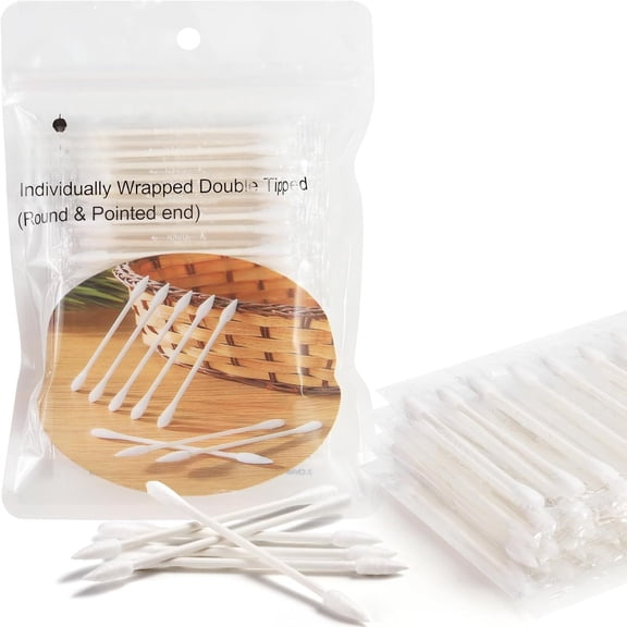 100 Pack Swabs, Individually Wrapped, & , Double Tipped Tips for Ear, Beauty Care, Cleaning, Make-up (Round & Pointed Shape Heads)