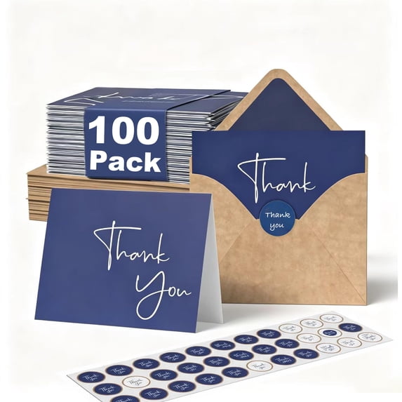 100 Pack Thank You Cards With Envelopes Bulk Set & Stickers - 4x6 Inch Blank Notes Box Large Note Card Small Business Wedding Shower Bridal Navy Blue