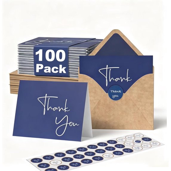 100 Pack Thank You Cards With Envelopes Bulk Set & Stickers - 4x6 inch Blank Thank You Notes Bulk Box Set - Large Note Card Small Business, Wedding, Baby Shower & Bridal Shower - Navy Blue