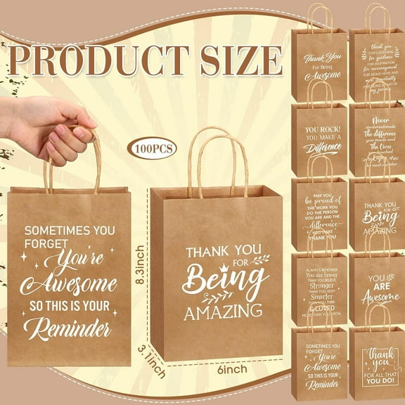 100 Pack Thank You Gift Bags with Handles, Kraft Paper Bulk Back to School Supplies for Students Teachers Classroom, 8.3 x 3.1 x 6 Inch (Brown)