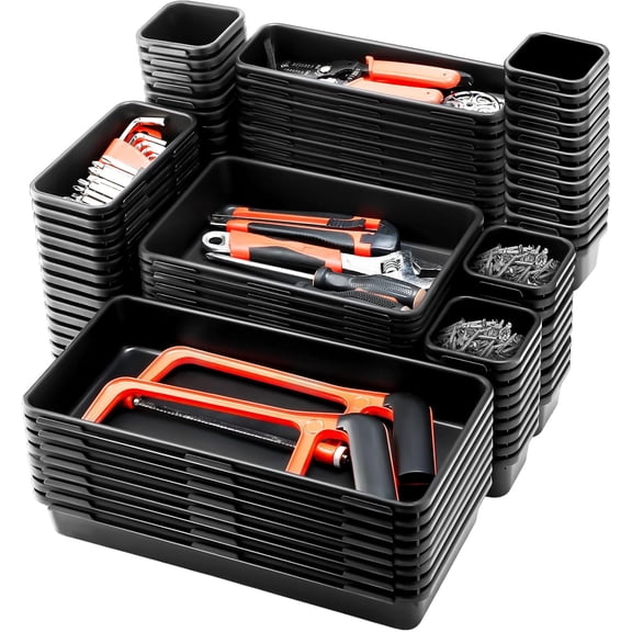 100 Pack Tool Box Organizer and Storage Tool Drawer Organizer Tray Divider 5 Sizes Garage Organization and Storage Black Plastic Tray Bins for Home Office Supplies