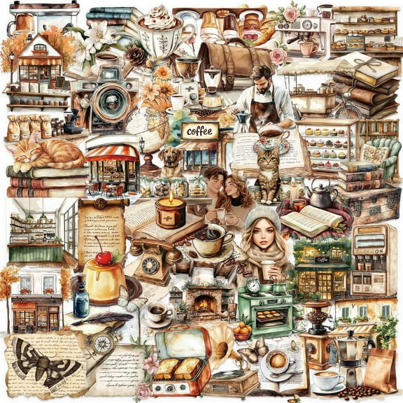 100-Pack Transparent Vintage Coffee Stickers, INS-Style Waterproof Clear PET Ephemera for Journal/Scrapbook, Guitar, Laptop, Notebook & Phone Case