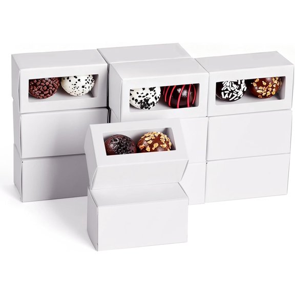 100 Pack Truffle Boxes, 3.15 x 1.57 x 1.57 inches Small Candy Boxes with Window for 2 Truffles, Chocolate Boxes Packaging, Wedding Favor Party Birthday Celebration Gift Boxes