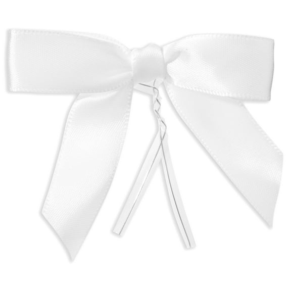 Juvale Twist Tie Bows - 100 Count, White, 3 x 2.5 in Satin Ribbon - Pre-Tied Gift Bows - Twist Ties for Cake & Crafts