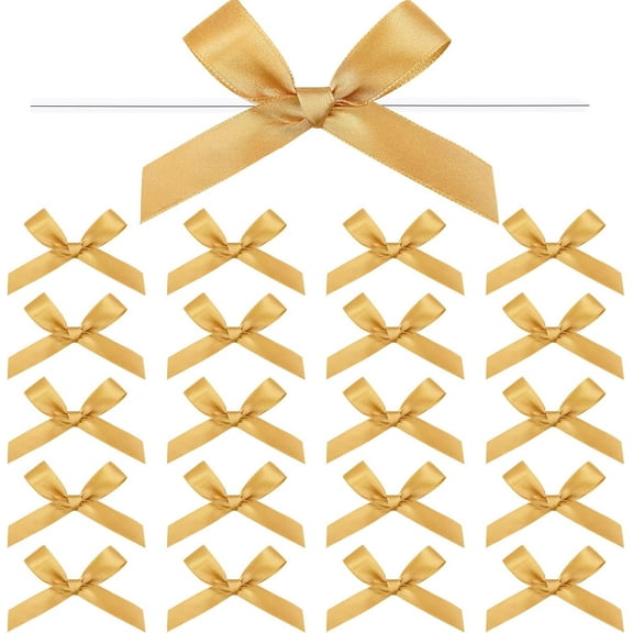 100-Pack Twist Tie Bows, Metallic Gold Pre-Tied Satin Ribbon for Gift Wrap Bags Boxes, Party Favors, Baked Goods, Crafts, Mini Bowties for Hair Decorations 2.6"